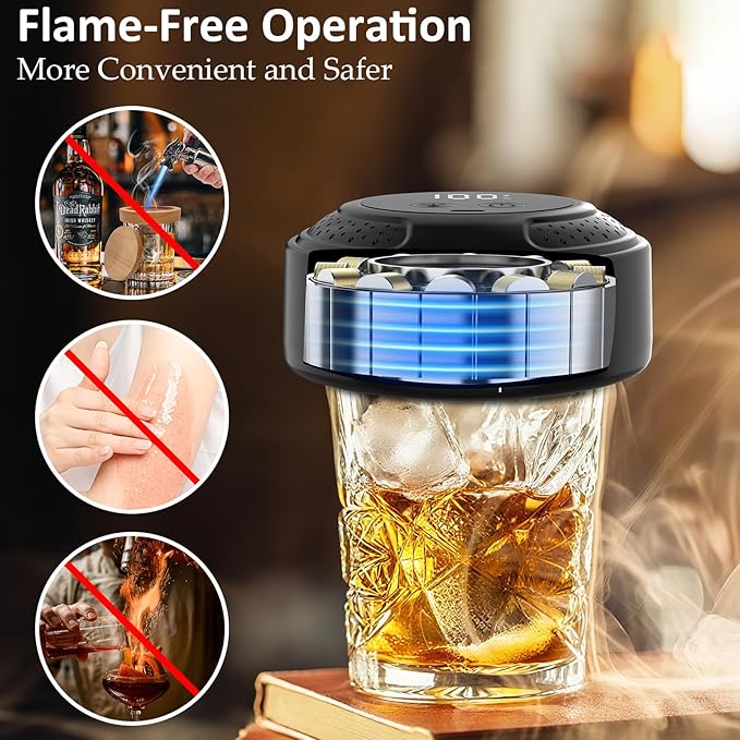 Electric Whiskey Smoker Kit, Cocktail Smoker Kit with LED Display Ambient Light Old Fashioned Smoker Kit with 6 Wood Chips Flameless Drink Smoker Kit Dad Birthday Gift Husband Men for Christmas