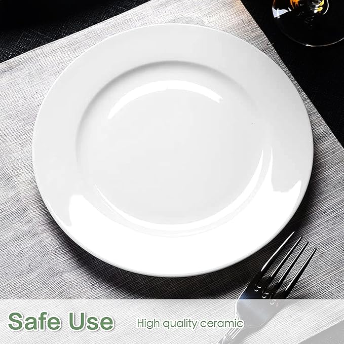 bestone 8 Inch Porcelain White Salad Plates Set, Porcelain Dessert/Salad Plate，Classic Round with Wide Rim, Lead-Free,Dishwasher, Microwave, Freezer, Oven Safe, for Everyday Use-Set of 6