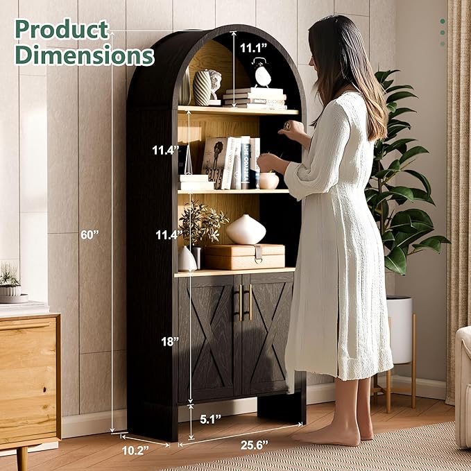 Arch Storage Cabinet with Beech-Wooden Door, 60” Cute Arched Display Cabinet, 4 Tier Farmhouse Buffet Cabinets with Storage for Dining Room, Living Room, Home Office or Kitchen (Black)