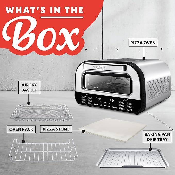 Gourmia Indoor Pizza Oven Air Fryer Toaster – 1800W Countertop Multi-Cooker with Pizza Stone, Digital Controls & 6 Presets, Stainless Steel