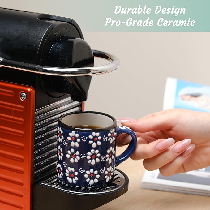 Ceramic Espresso Cups, 5 Oz Espresso Cups Set of 4, Handmade Espresso Cup, 2.75 Inch Espresso Mugs, Multicolor Demitasse Cups, Microwave & Dishwasher Safe Espresso Mugs, Coffe Mug Set (DAISY MEDLEY)