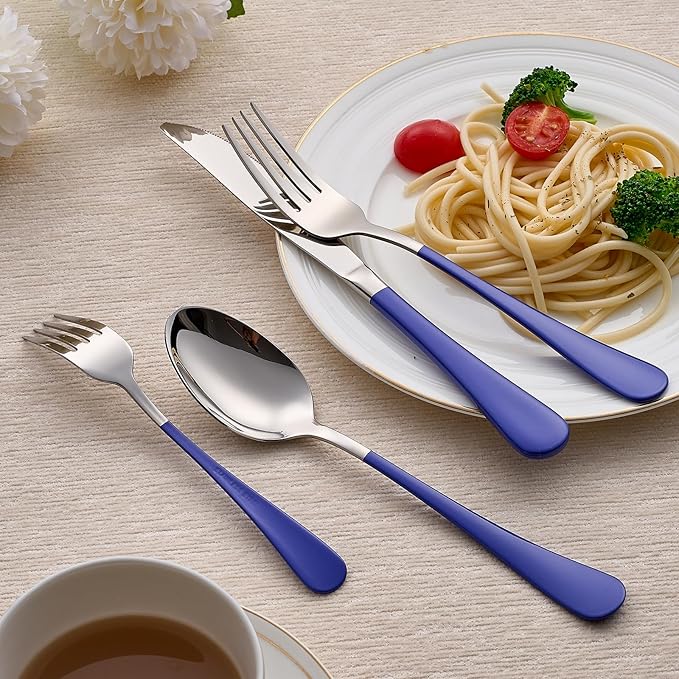 20-Piece Blue Silverware Set 18/0 Stainless Steel Silverware Set Blue Handle Cutlery Set Service for 4 Dinner Knives Forks Spoons Set Flatware Set Finish Dishwasher Safe