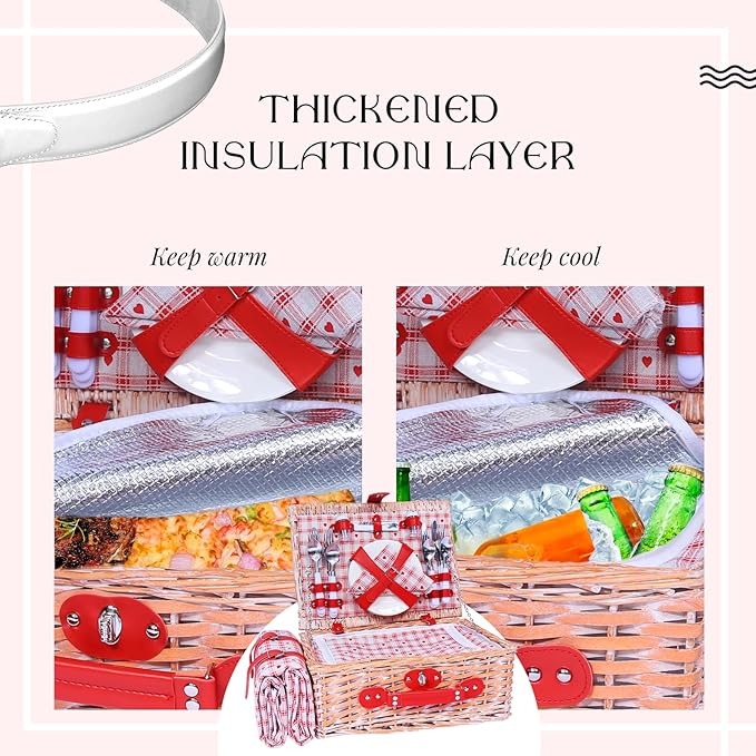 Picnic Basket Set for 4 with Waterproof Blanket Mat Insulation Bag Wicker Floral Pink Red Love Plaid Cute Kawaii Gift for Wedding Birthday Summer Camp Outdoor Camping Beach Travel Christmas