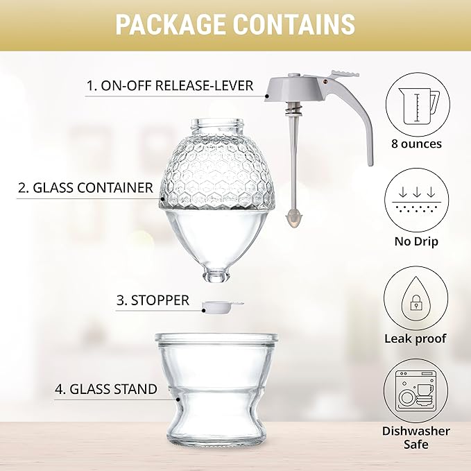 Stainless Steel Shaft, Glass Honey Dispenser, Chrome-Plated ABS Silver Lid – No Drip Glass with Stand – 8 oz Honey Jar – Honeycomb Design Container – Honey Pot for Honey, Maple Syrup (White)