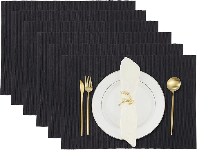 RAJRANG Black Placemats Set of 6 - Cotton Ribbed Tabletop, Non-Slip Wrinkle Free Kitchen Table Mats for Dining Table, 13x19 Inch