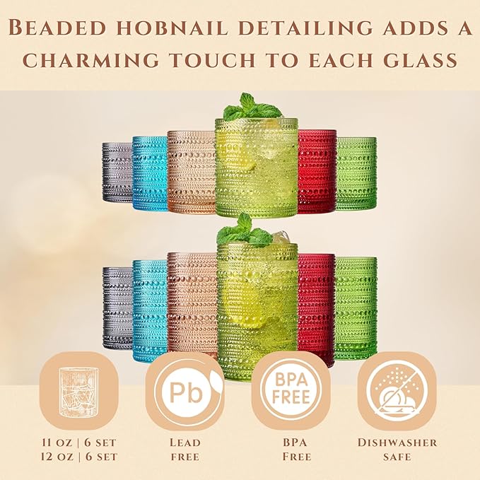 Hobnail Beaded Highball Drinking Tumbler Glasses | Set of 12 | Color, Vintage Bubble Design Whiskey Glassware, Old-Fashioned, Embossed Design for Water, Wine, Cocktail Embossed Heavy Glas, Rocks Glass