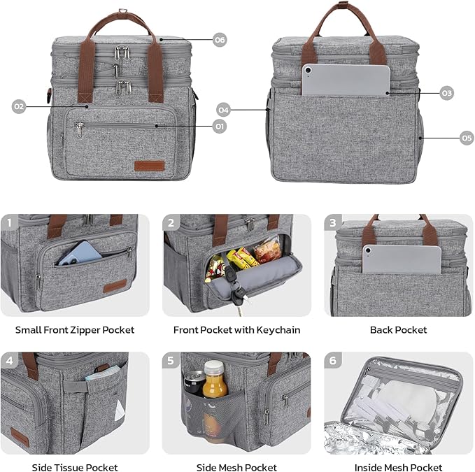 Maelstrom 23L Insulated Lunch Box For Men Women,Expandable Double Deck Lunch Cooler Bag,Lightweight Leakproof Tote Bag With Side Tissue Pocket,Gray