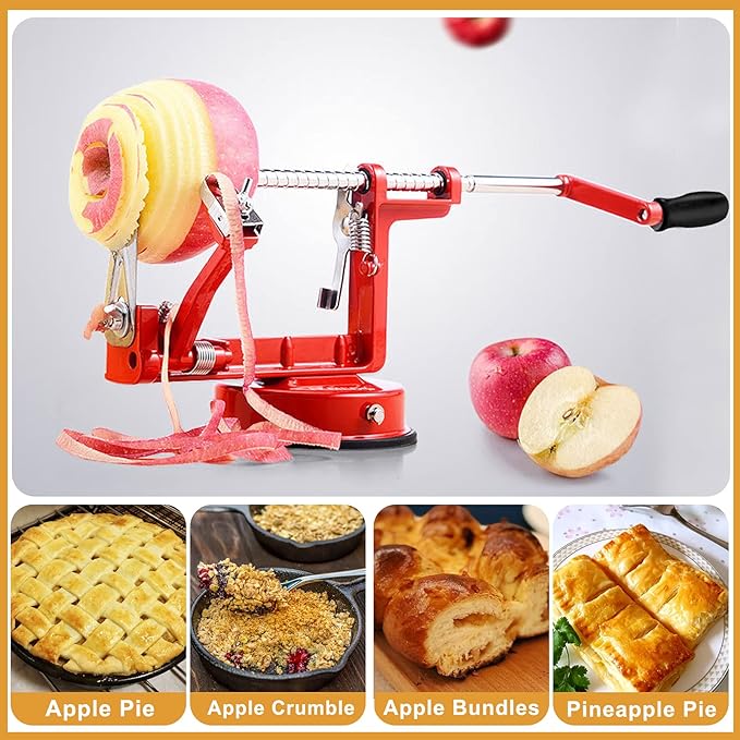 Apple Peeler Slicer Corer with Stainless Steel Blades and Powerful Suction Base for Apples Pears Potatoes(Red)
