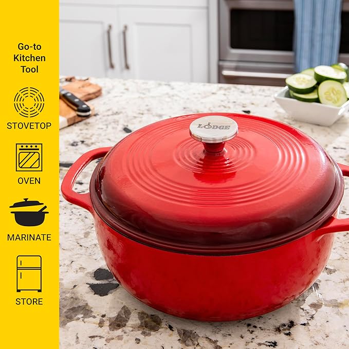 Lodge 6 Quart Enameled Cast Iron Dutch Oven with Lid – Dual Handles – Oven Safe up to 500° F or on Stovetop - Use to Marinate, Cook, Bake, Refrigerate and Serve – Island Spice Red