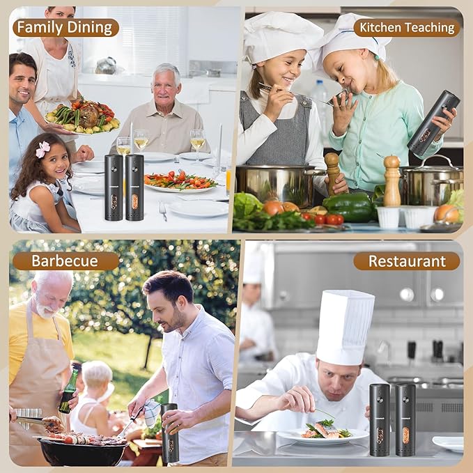 Electric Black Pepper Grinder Set Rechargeable, Larger Capacity Top-Refill Automatic Salt Grinder and Pepper Mill with 6 Adjustable Coarseness, LED Light, One-Handed Operation for Home (2 Pack)