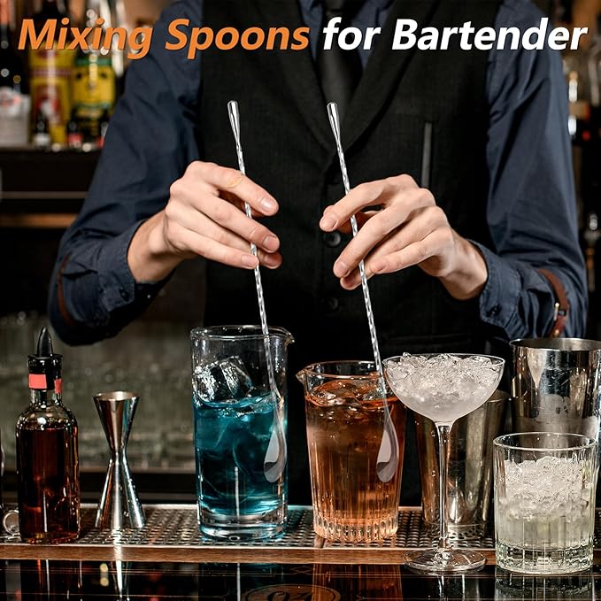 3 PCS Bar Spoon, 12 Inches Cocktail Mixing Spoons, Spiral Pattern Stainless Steel Cocktail Stirrers for Home or Bar Cocktail, Drinks, Coffee, Ice Cream, Sundae (Silver)
