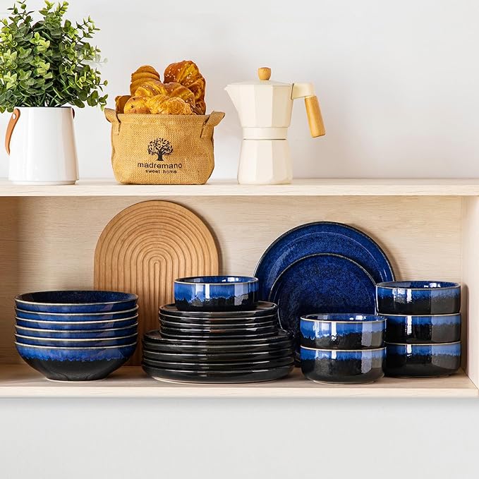 vancasso Starry Plates and Bowls Sets for 6, 24 Pieces Dinnerware Sets, Blue Reactive Glaze Dishes Sets for Kitchen, Scratch Resistant Stoneware Dishes Set, Dishwasher and Microwave Safe