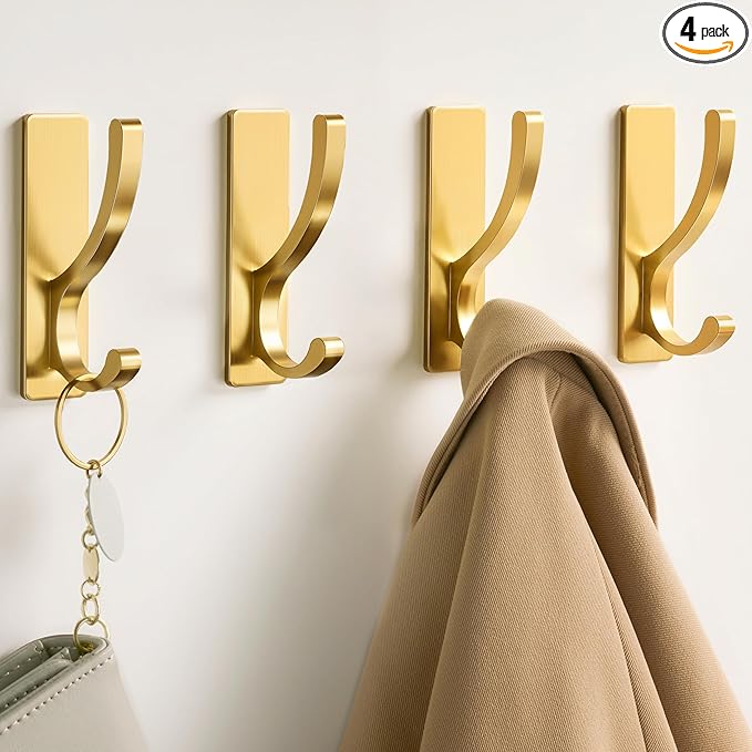 Adhesive Wall Hooks for Towels Coats - Stick On Hooks Hanging Heavy Duty (13lb), Metal Hook for Door, Bathroom, Dorm, Closet - Hanger for Purse, Bag, Robe,Backpack - No Damage to Wall - Gold 4 Pack