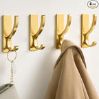 Adhesive Wall Hooks for Towels Coats - Stick On Hooks Hanging Heavy Duty (13lb), Metal Hook for Door, Bathroom, Dorm, Closet - Hanger for Purse, Bag, Robe,Backpack - No Damage to Wall - Gold 4 Pack
