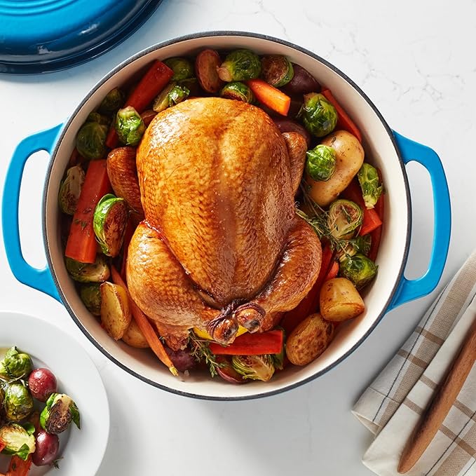 Amazon Basics Cast Iron Dutch Oven Pot with Lid, Enameled, Round, Dual Handles, Heavy-Duty, Large, 7.3-quart, Blue