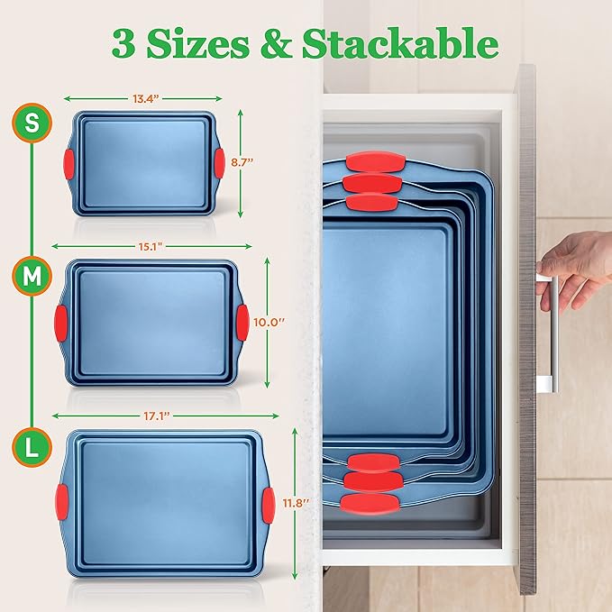 NutriChef Nonstick 3-Piece Baking Pans Set – Carbon Steel Bakeware with Blue Coating Inside & Outside and Red Silicone Handles, Durable and Reliable, Effortless Baking and Easy Cleanup (Blue)