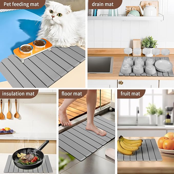 Stone Dish Drying Mat for Kitchen,Fast Dry and Quickly Absorbed Collapsible Drying Mat, 24"×16" Protection Kitchen Counter , Diatomaceous Earth Food Grade Stone Drying Trays (Deep Grey, 16*24 inch)