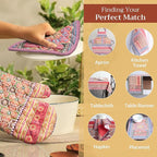 Maison d' Hermine 100% Cotton Oven Mitt & Pot Holder Set (7.5"x13" & 8"x8") Heat Resistant BBQ Cooking Gloves with Loop, Baking, Grilling, Kitchen, Handling Hot Pans (Ispahan)