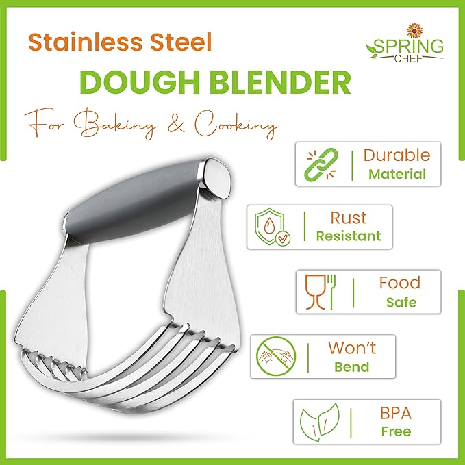 Spring Chef XL Stainless Steel Pastry Cutter Tool for Baking - Heavy Duty Dough Blender - Butter & Dough Cutter Tool with Sharp Blades - Pastry Blender for Easy Mixing - Dishwasher Safe - Gray
