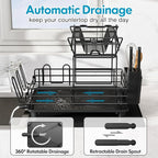 2 Tier Black Large Stainless Steel Dish Drainers Drying Rack for Kitchen Counter with Drainboard, Rust Proof Metal, Space Saving, Modern Aesthetic, Compact Plates Strainers with Extra Mat