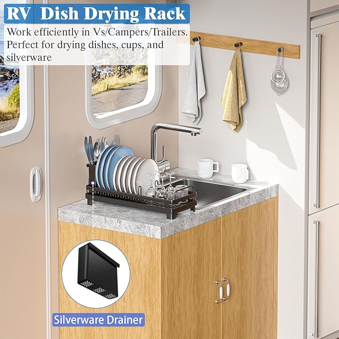 Small Dish Drying Rack, Compact Sink Dish Drainer Plate Rack Organizer with Utensil Holder and Drainbaord for Kitchen Counter, RVs, Apartments