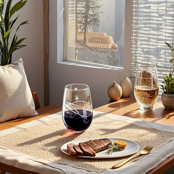 SHOSHIN Hand-Cut Space Pattern Stemless Wine Glasses 18 Oz, 4-Pack - Lead-Free Crystal, Dishwasher Safe & Artisan Engraved Design for Modern Entertaining