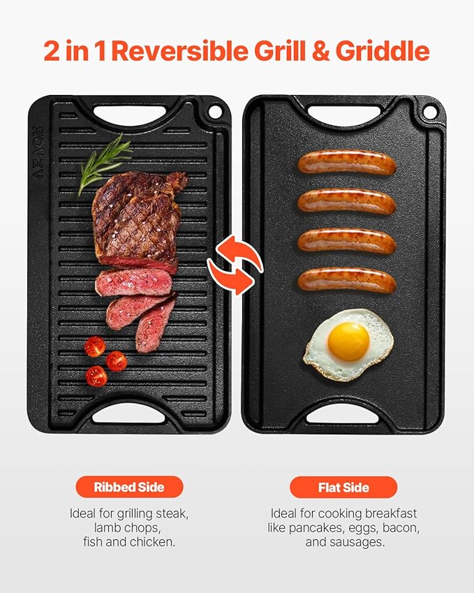 VEVOR Reversible Grill/Griddle, 14x8.5 inch Pre-Seasoned Cast Iron Griddle, Portable Rectangular Pan with Handle, Family Cookware for Indoor/Outdoor Stove Top Burner, Gas, Camping BBQ, Black