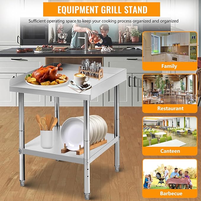 24x24x30 Inch Stainless Steel Equipment Grill Stand Table 400 Lbs Capacity NSF Certified with Adjustable Legs, 2" Edge Baffle, for Hotel, Home, Commercial Restaurant Kitchen