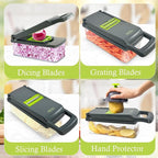 Mandoline Vegetable Slicer, Dicer, 16-in-1 Multifunctional Veggie Chopper, Colander Basket, Onion, Carrot, Potato, Salad, Garlic, ABS Design, Stainless Steel Sharp Blades. (NGI-HVG16-GR)