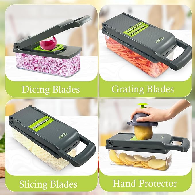 Mandoline Vegetable Slicer, Dicer, 16-in-1 Multifunctional Veggie Chopper, Colander Basket, Onion, Carrot, Potato, Salad, Garlic, ABS Design, Stainless Steel Sharp Blades. (NGI-HVG16-GR)