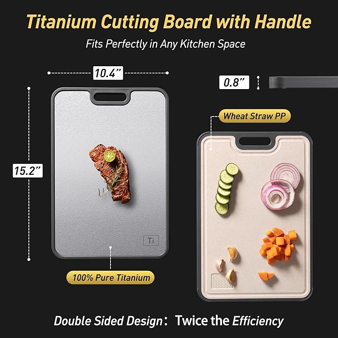 2 in 1 Pure Titanium Cutting Boards for Kitchen Non Toxic Chopping Board with Handle Large Big Small Kitchen Meat Butcher Block Not Stainless Steel Wood Bamboo Plastic Silicone Acrylic Teak Sink