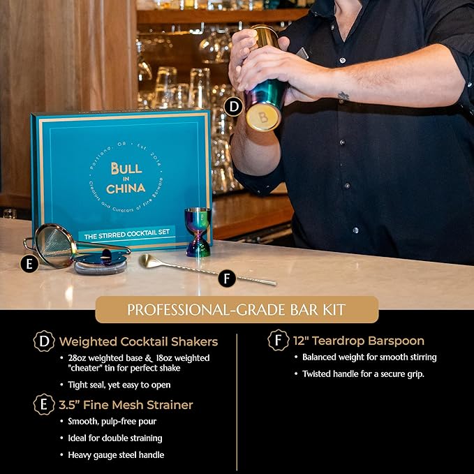 Shaken & Stirred Cocktail Set by Bull in China - Premium Bartender Gift Set w 2 Piece Weighted Shaker, Hammered Jigger, Hawthorne Strainer, Fine Mesh Strainer, Mixing Glass & Barspoon (Rainbow Chrome)