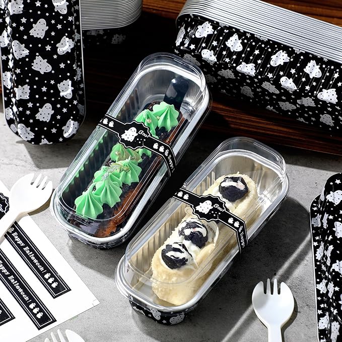 Tioncy 50 Pcs Halloween Mini Black Pink Loaf Pans with Lids Spoons Sticker Star Ghost 6.8oz Disposable Rectangle Aluminum Foil Baking Pans Muffin Cupcake Cups for Picnics Birthday Halloween Party