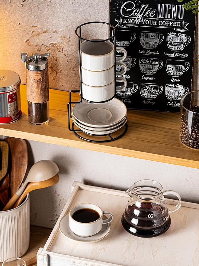 Gomakren 6 Ounce Cappuccino Cups with Saucers and Metal Stand, Stackable Coffee Cup Set of 4, Halloween Porcelain Espresso Cups for Coffee Drinks, Cappuccino, Latte, Americano, Tea, White