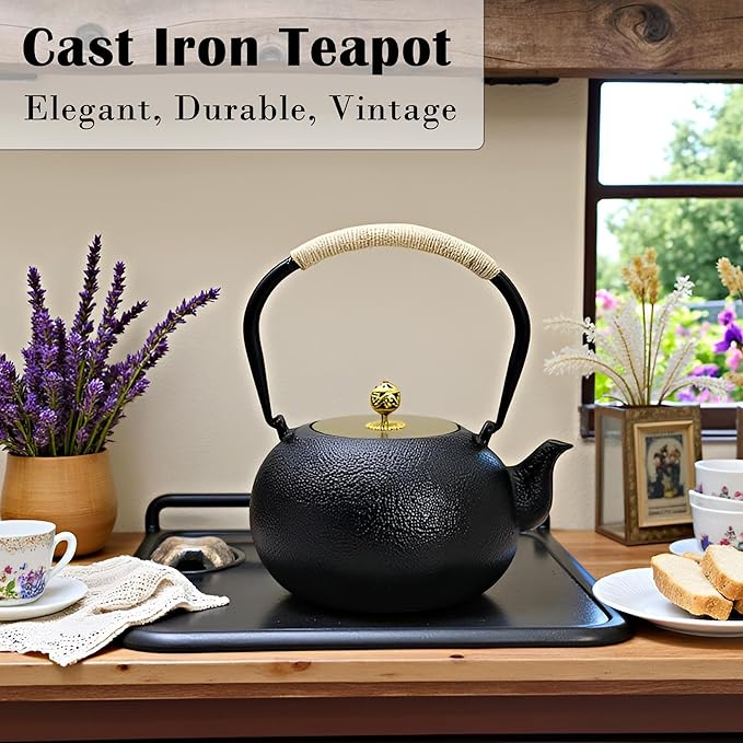 40.6oz Cast Iron Teapot for Stovetop, Japanese Tetsubin with Enamel, Black Tea Pot with Stainless Steel Infuser for Loose Tea, 1200ml Small Tea Kettle(Spherical Shape)