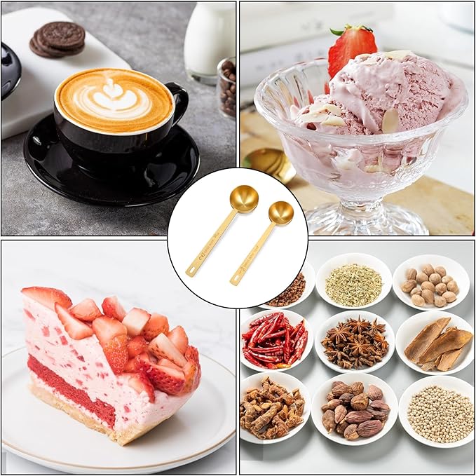 2 PCS Gold Measuring Spoons, 15 Ml and 30 Ml Stainless Steel Coffee Spoons Set Coffee Scoop for Ground Coffees, Long Handle Tablespoon Measuring Spoon for Milk Sugar Protein Brewin Gold Tea Spoon