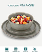 vancasso ANYA 18 Pieces Plates and Bowls Set, Stone Grey Dinnerware Sets, Reactive Glaze Dishes Set for 6, Ceramic Dishware Sets Kitchen Dinner Set, Microwave & Dishwasher Safe