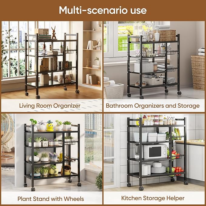 Kitchen Storage Bakers Rack with Wheels - Adjustable 4-Tier Microwave Stand with Storage Shelves, Kitchen Rack with 3 Wire Baskets,Microwave Stand, Metal Kitchen Cart for Pantry, (Black)