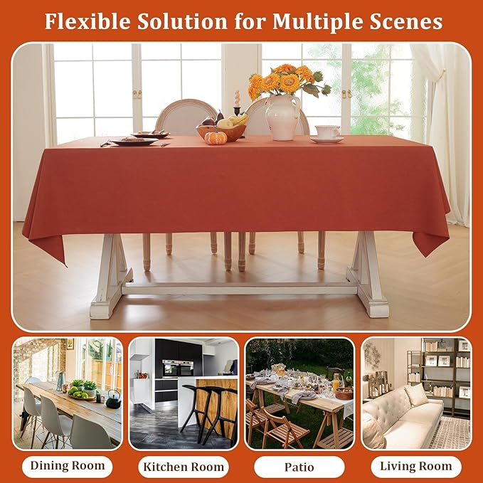 Laolitou Fall Tablecloth Rectangle Linen Waterproof Textured Burnt Orange Table Cloth, Washable Wrinkle Free Spill Proof Fabric Tablecloths for Thanksgiving Dining Table Kitchen Holiday, 60x84 Inch