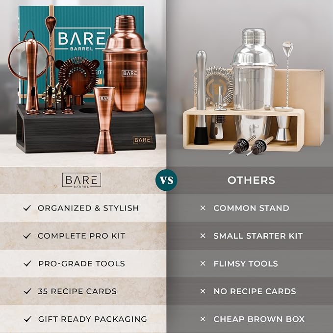 BARE BARREL® Mixology Bartender Kit Bar Set | 14-Piece Cocktail Shaker Set | Martini Barware Mixing Tools for Home Bartending | Incl. 35 Recipe Cards | Gift Set (24oz Cobbler Shaker, Copper/Black)