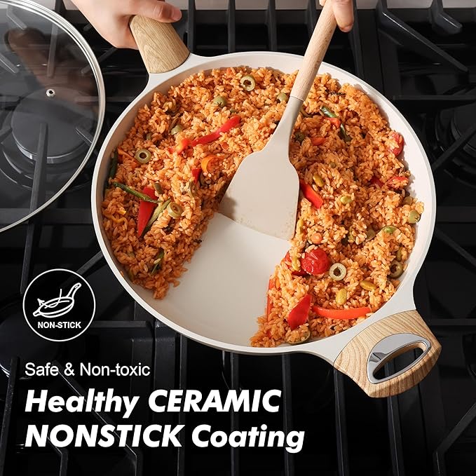 SENSARTE Ceramic Nonstick Frying Pan Skillet with Lid 12.5Inch Large Non Stick Non-toxic Healthy Kitchen Cooking Chef's Pan, Free of Intentionally Added PFOA/PFAS/PTFE, Induction Compatible