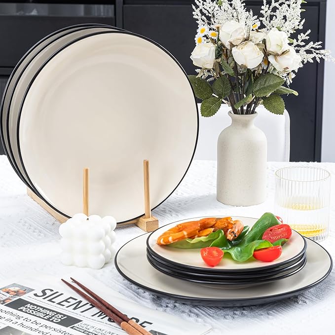 Plates and Bowls Sets for 4 - CJDC-QUELO 12-Piece Stoneware Dinnerware Sets, Ceramic Dishware Set for Indoor Kitchen Use and Formal Dining, Chip and Scratch Resistant Microwave Dishwasher Safe, Ivory
