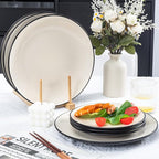 Plates and Bowls Sets for 4 - CJDC-QUELO 12-Piece Stoneware Dinnerware Sets, Ceramic Dishware Set for Indoor Kitchen Use and Formal Dining, Chip and Scratch Resistant Microwave Dishwasher Safe, Ivory