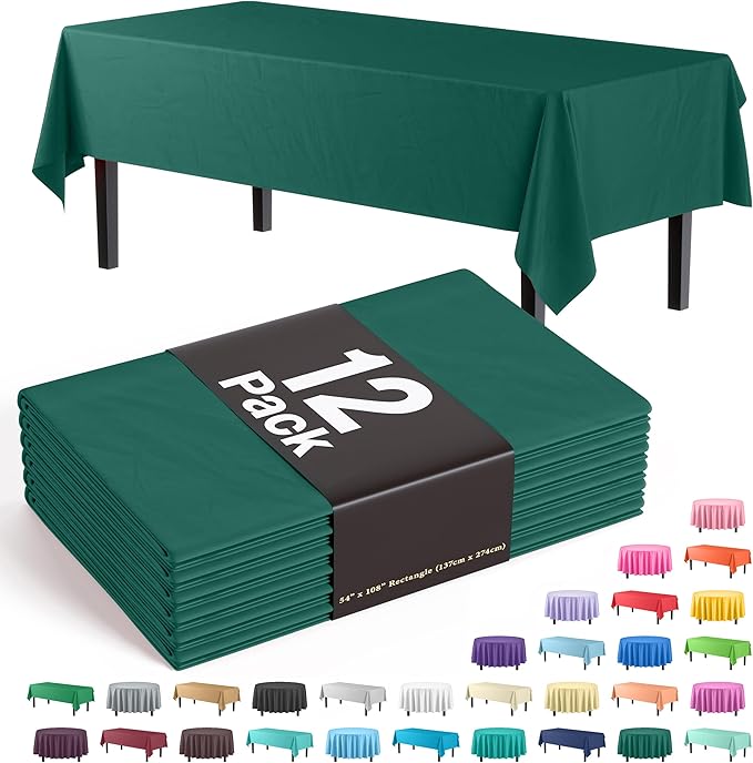 Exquisite 12-Pack Premium Plastic Tablecloth 54in. x 108in. Rectangle Table Cover - Dark Green