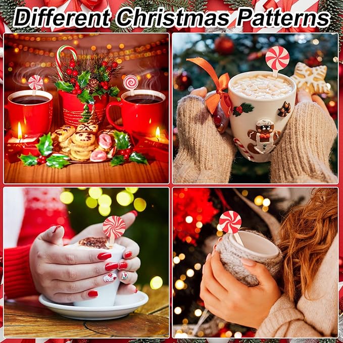 Sliner 120 Pcs 6 Inches Christmas Wooden Coffee Stir Sticks Stripe Candy Coffee Stirrers Disposable Drink Stirrers Candy Beverage Mixer with Round Ends for Cocktail Hot Drinks Party Supplies