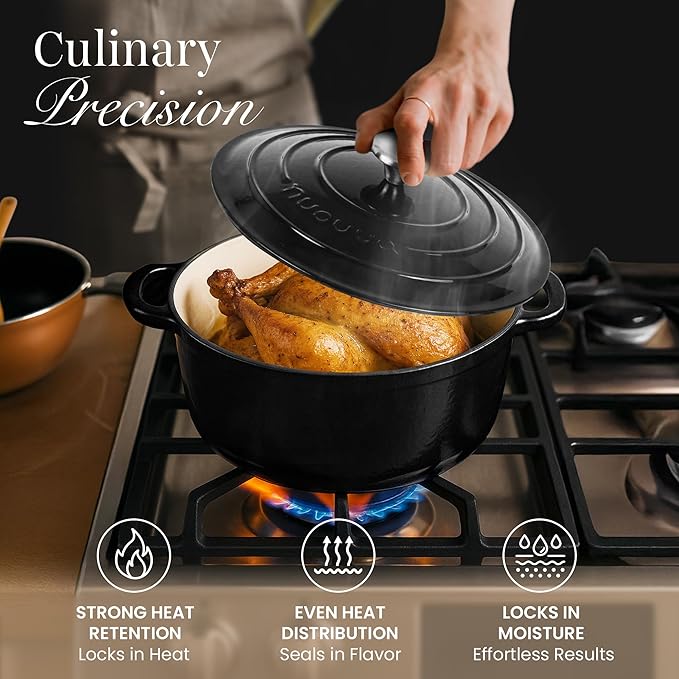 Nuovva Enamelled Cast Iron Dutch Oven Pot with Lid – 6.4 Quart Non Stick Casserole Pot – Heavy Duty & Oven Safe up to 500° F for Bread Baking, Braising, Stews, Roasting – 28cm Black