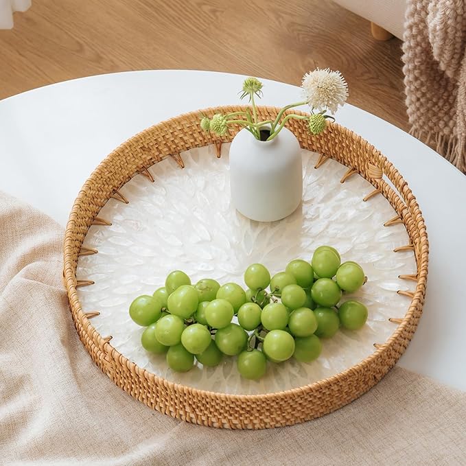 13.8 in Round Rattan Serving Tray with Handle, Mother of Pearl Inlay Wooden Base, Decorative Wicker for Table, Kitchen Island & Home Decor (White Leaf)