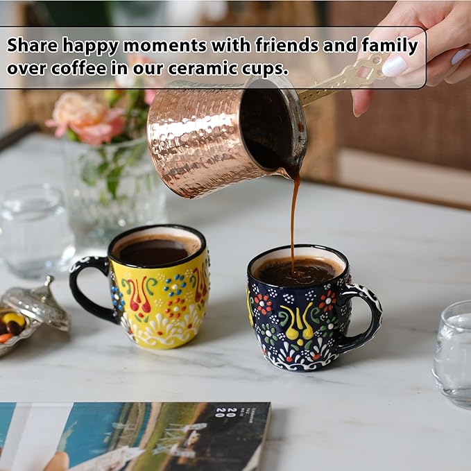 Espresso Cups Set of 2 | 4 oz Small Espresso Cups | Turkish Tea Cups | Demitasse Mugs with Handle | Modern Stackable Ceramic Espresso Mugs Set (Yellow/NavyBlue)