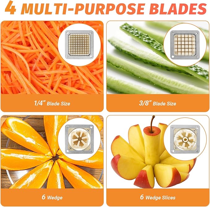 Commercial French Fry Cutter with 4 Replacement Blades, 1/4" and 3/8" Blade Easy Dicer Chopper, 6-wedge Slicer and 6-wedge Apple Corer, Lemon Potato Cutter