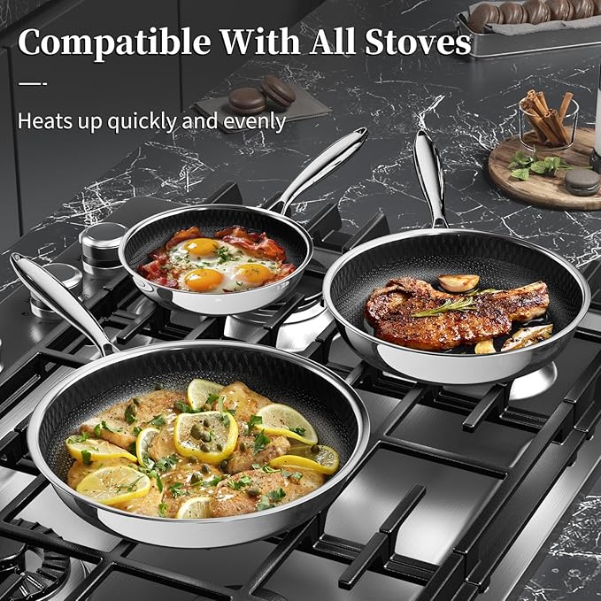 Innerwell Nonstick Titanium Ceramics Stainless Steel Frying Pan Set, 6 Pieces Nonstick Honeycomb Stainless Steel Frying Pan Set, Non Stick Egg Omelet Cooking Pan Set, Induction Compatible, PFAS Free